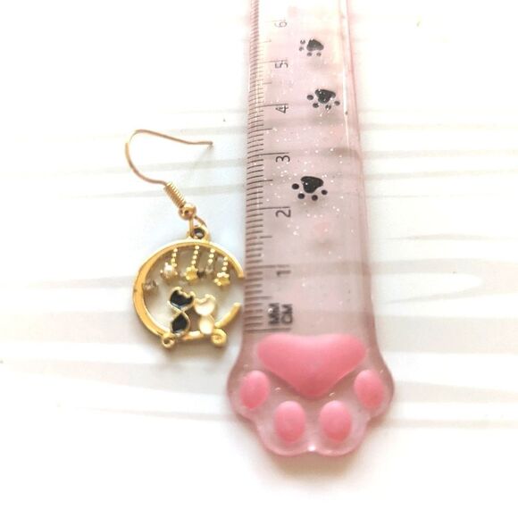 Kitty Cat Love Crescent Moon Rhinestone Earrings - Picture 5 of 6